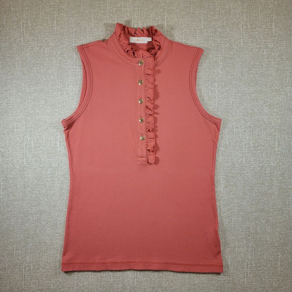 🍂Tory Burch Lidia Sleeveless Ruffle Polo Top Gold Logo Buttons | Medium | CORAL